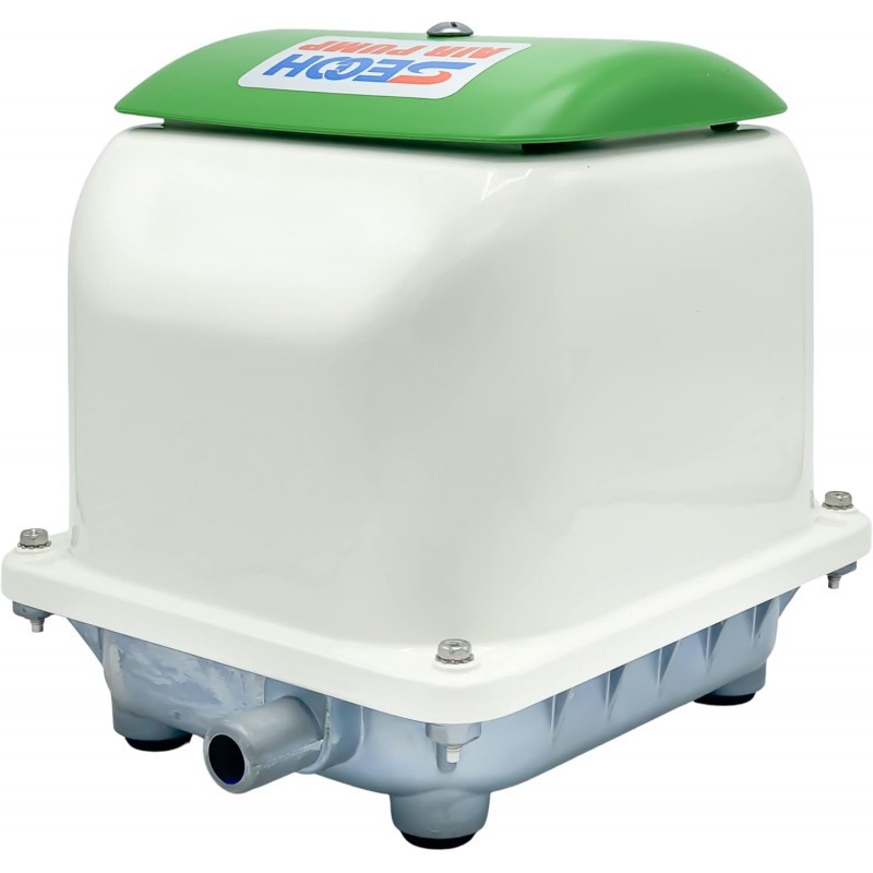 Compresseur Secoh JDK‑S‑60, membrane électromagnétique, protections thermique, sortie Ø 19 mm et voyant LED visibles.