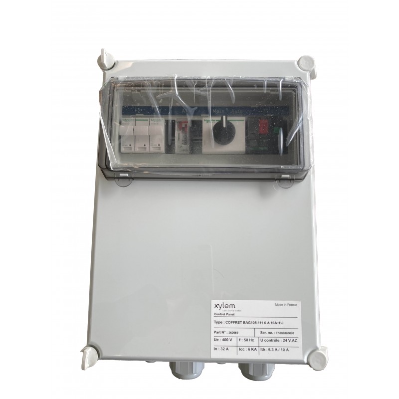 Coffret électrique Flygt BAG105-111 réf. 5286880 – version 6,3–10 A avec horloge journalière et câblage MicroCAS