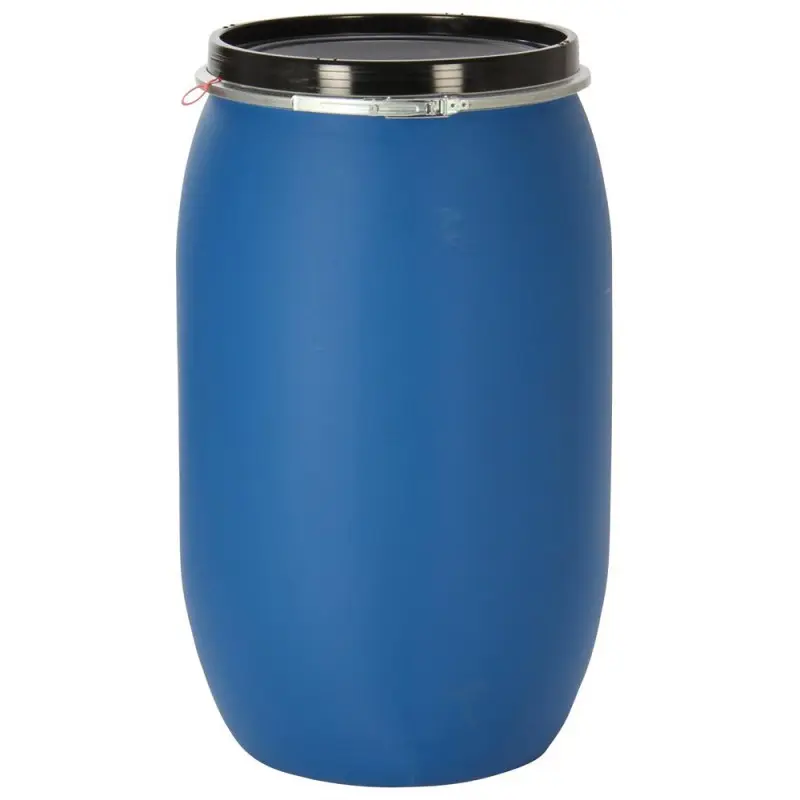Fût plastique bleu 220L ouverture totale rénové lavé