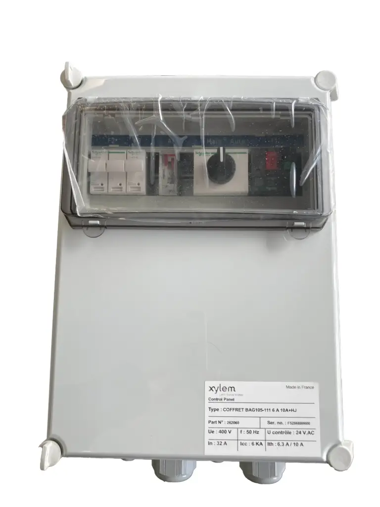 Coffret électrique BAG105-111 6.3-10A avec horloge journalière et câblage adaptation MicroCAS FLYGT