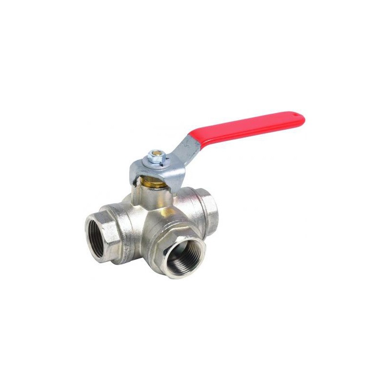 VANNE A BOISSEAU SPHERIQUE 3 VOIES EN L LAITON TARAUDEE POIGNEE ROUGE PN16