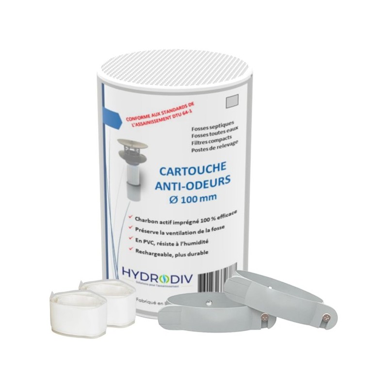 Filtre anti-odeurs fosse septique au charbon actif + colliers gris